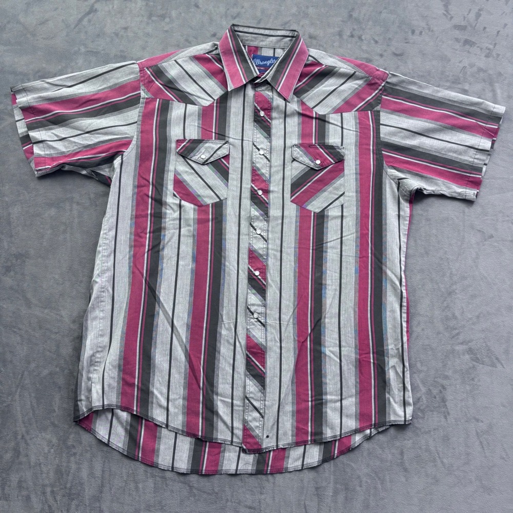 Wrangler Western Shirt Mens 17.5 Short Sleeve Pearl Snap Stripe XLong Tails Gray